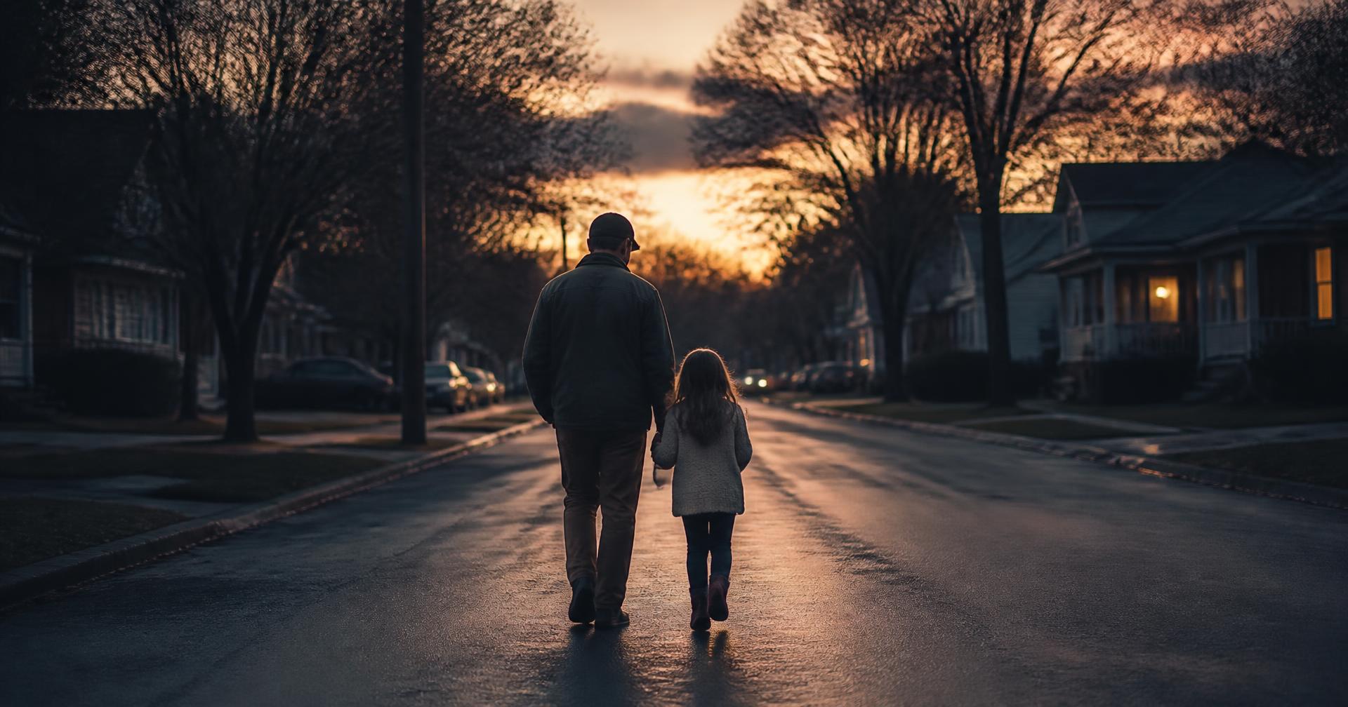 A veteran walking with his daughter on a quiet street at dusk