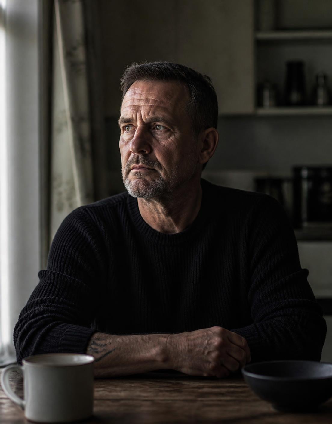 Portrait of a veteran seated at a kitchen table in soft natural light